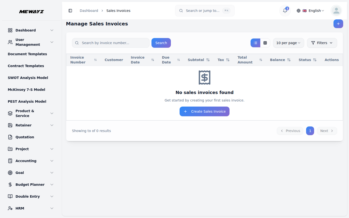 Mewayz invoicing dashboard — sales invoices, payment tracking, and billing