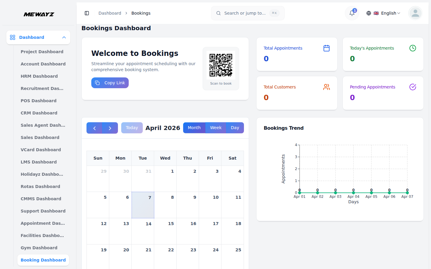 Mewayz booking dashboard — appointments, calendar, and client scheduling